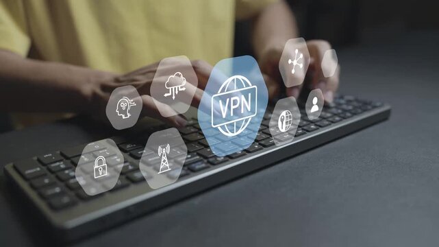 VPN virtual private network concept. Person typing keyboard with VPN and cybersecurity icons, encrypted connection, secure remote access, online privacy and network protection.