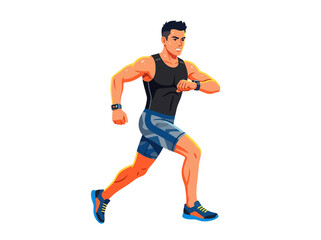 Fototapeta premium Active Man Running With Smartwatch Checking Fitness Progress