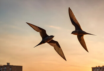 Fototapeta premium Two swifts flying at sunset in urban sky