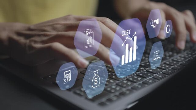 Cost reduction and cost saving concept. Person using laptop with financial management and cost optimization icons, expense reduction, operational efficiency and business profitability.