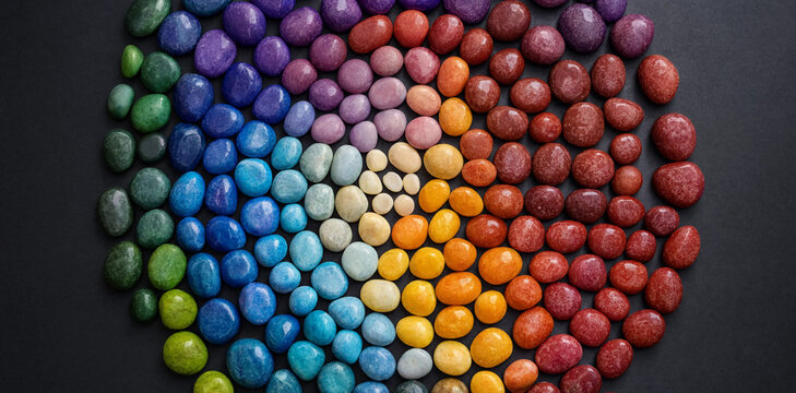 Colorful candy pieces arranged in a circular gradient spiral pattern on dark background with gradient colorful background multicolor chromatic composition close-up collection spectrum
