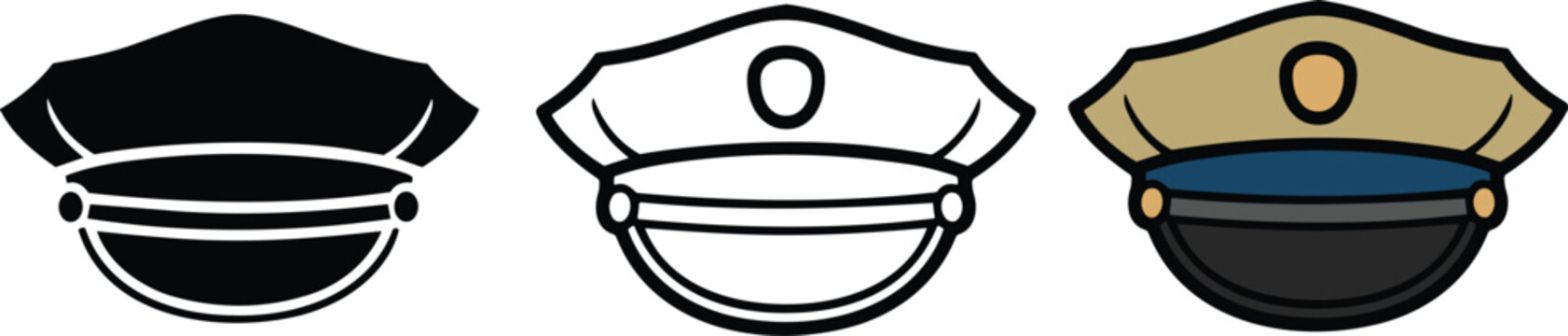 Police officer peaked cap graphic icons in black silhouette contour and flat color and captain hat, uniform accessory