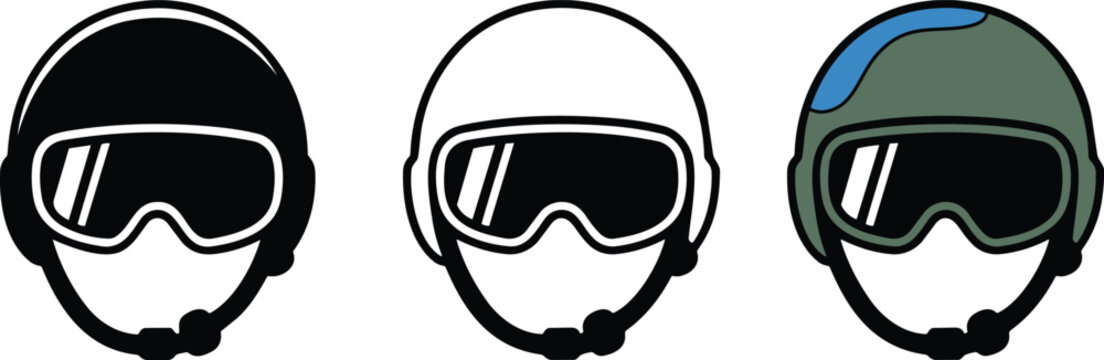 Ski helmet and snowboard goggles icons in black, white, and green colors for outdoor sports and cold weather, protective gear