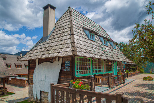 Drvengrad, Mokra Gora, Serbia-July 22, 2026: The ethno village also known as K&uuml;stendorf or Wooden Village,built by director Emir Kusturica in 2002-2004 for his film "Life is a Miracle" (Život je čudo)