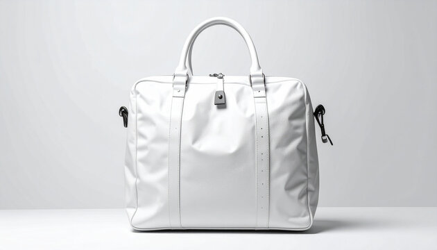 White messenger bag with leather accents on a plain background