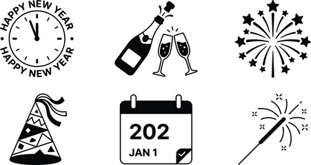 Fototapeta premium Set of new year celebration icons including clock, champagne, fireworks, party hat, and calendar