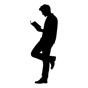 Silhouette of man standing and leaning while reading a book black vector