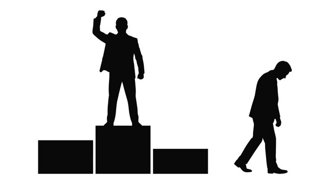 Silhouette of winning businessman standing on podium while another person walks away feeling very defeated
