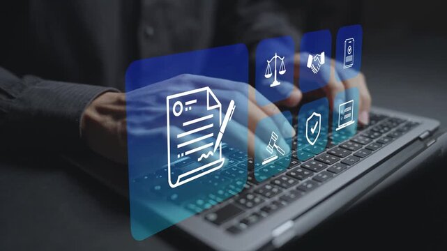 Terms of service and legal agreements concept. Person using laptop with legal document and compliance icons, contract management, policy acceptance and digital business governance.