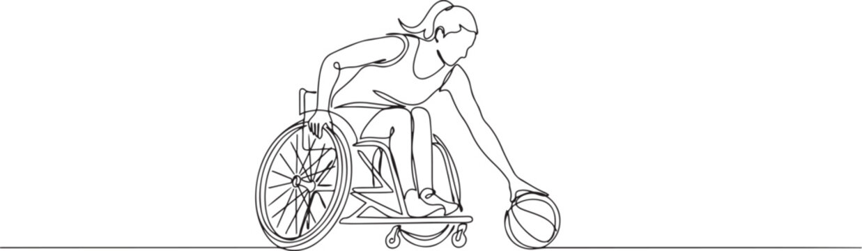 Single one line drawing athlete playing basketball sitting in wheelchair. woman with paralyzed legs training with ball.one line vector drawing