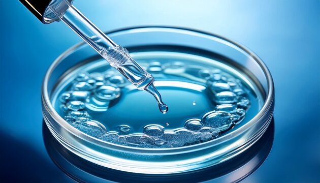 pipette with sample of cosmetic product in petri dish on blue background selective focus