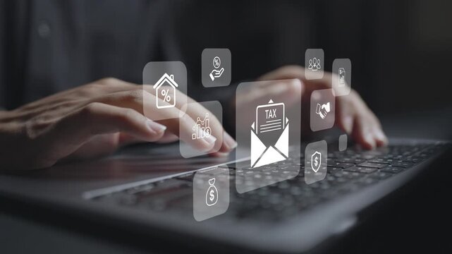 Personal finance, financial planning and tax concept. Person using laptop with budgeting, tax and financial management icons, expense tracking, tax planning and wealth management.