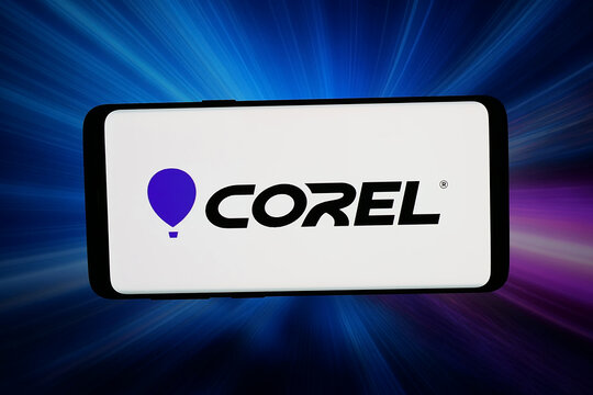 Stuttgart, Germany - 07-17-2026: In this photo illustration, the logo of Canadian software company Corel Corporation is displayed on a smartphone in front of abstract background on computer screen.
