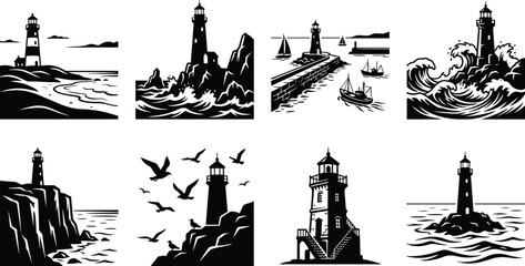 Obraz premium Coastal Lighthouse Silhouette Collection with Ocean Waves Cliffs Harbor and Maritime Landscape Scenes