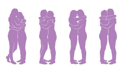 Women hugging each other silhouettes set vector illustration