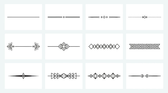 Minimalist geometric dividers set, 12 black line art decorative borders, elegant graphic ornaments for wedding invitations and editorial layout