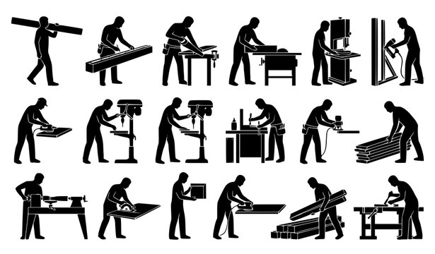 Carpenter woodworking worker silhouette set with timber planks tools machinery and workshop labor CAD vector collection