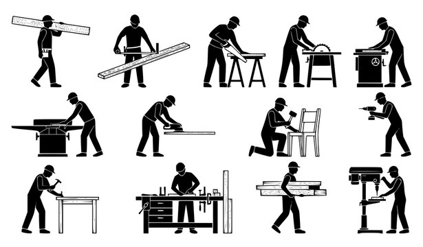 Carpenter worker silhouette collection with wood planks machinery tools and woodworking workshop activities vector set