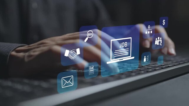 Job search, recruitment and HR management concept. Person typing keyboard with hiring and human resources icons, talent acquisition, candidate screening and workforce management.