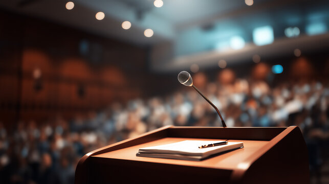 Microphone with paper pad and pen at podium, audience in theater in background