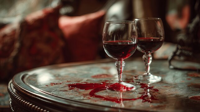 Two elegant wine glasses filled with rich red wine sit on a dark wooden table, creating a luxurious and intimate atmosphere for a special occasion