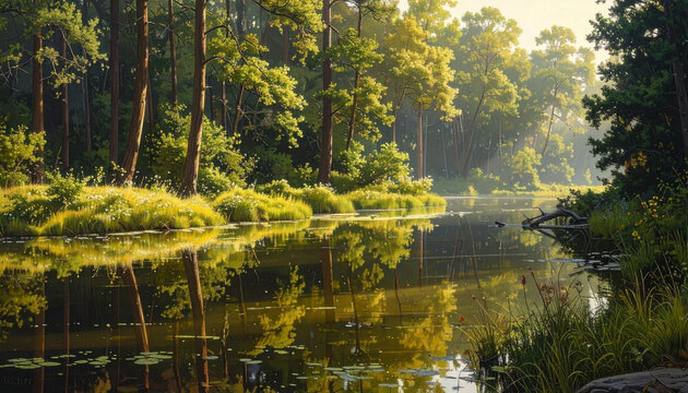 Serene forest lake with reflections at sunrise lush greenery and calm water