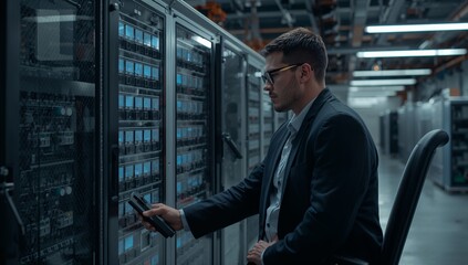 Fototapeta premium Working in a Data Center With Servers and Technology During Daylight Hours