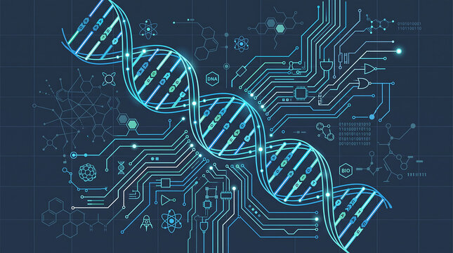 DNA Double Helix Merges With Digital Circuit Technology Background