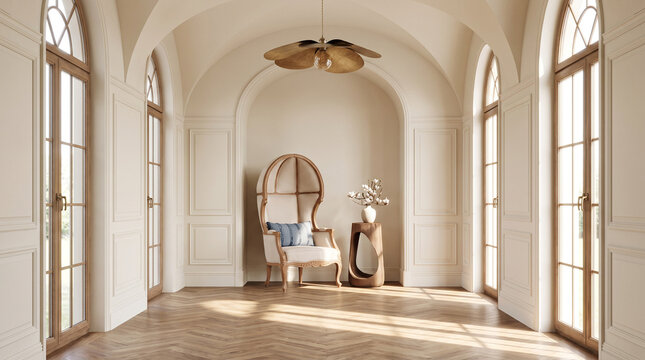 Elegant Groin Vault Hallway with Porter's Chair, Arched Windows and Classic Paneling