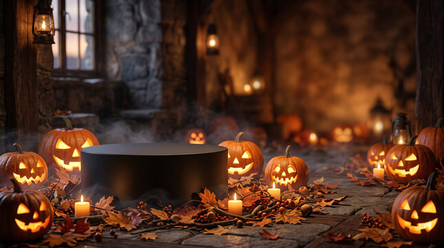Pumpkins surround a dark circular display platform in an atmospheric stone chamber setting.