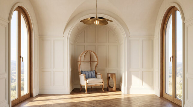 Luxury Arched Reading Nook with Groin Vault Ceiling and Porter's Chair