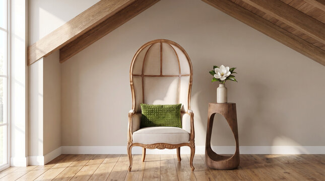 Minimalist Luxury Reading Nook with Porter's Chair Under Vaulted Wood Ceiling