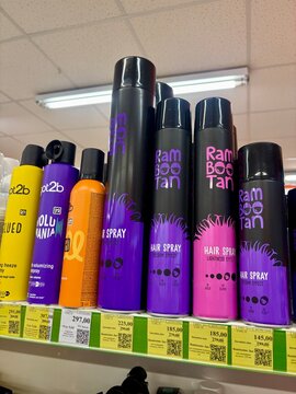 26.07.2026 Ukraine, Kharkov Hair Styling Sprays Got2b and Rambootan on Supermarket Shelf