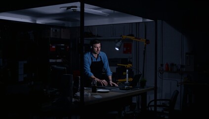 Fototapeta premium Man Working in a Dimly Lit Workshop at Night Focused on Tasks