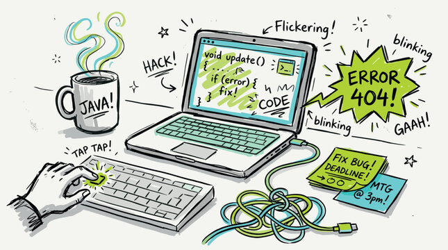 Programming and error handling design icons with laptop, keyboard and coffee cup for web development in doodle illustration