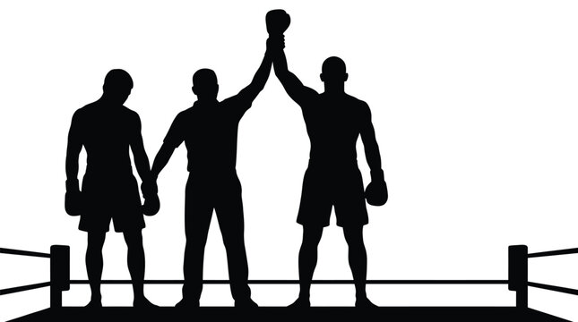 Boxing referee declaring victory for athletic champion standing inside professional ring in black vector illustration design