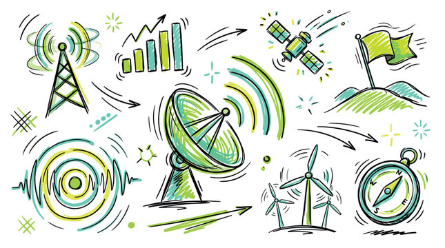 Communication and technology vector icons with satellite, antenna and wind turbines for infographic design in doodle style