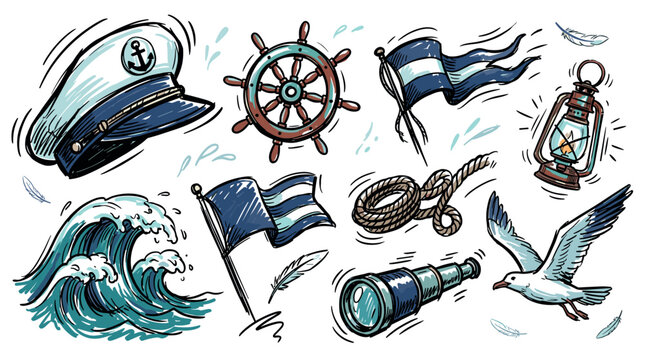 Nautical and maritime concept icons with captain hat, ship wheel and seagull for sea voyage branding in hand drawn doodle style