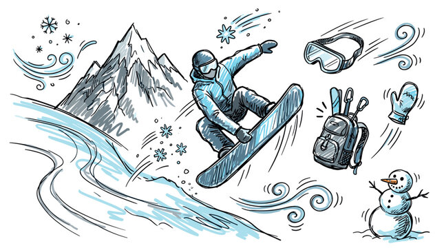 winter sport and snowboarding concept icons with snowboarder, mountain and snowman for marketing design