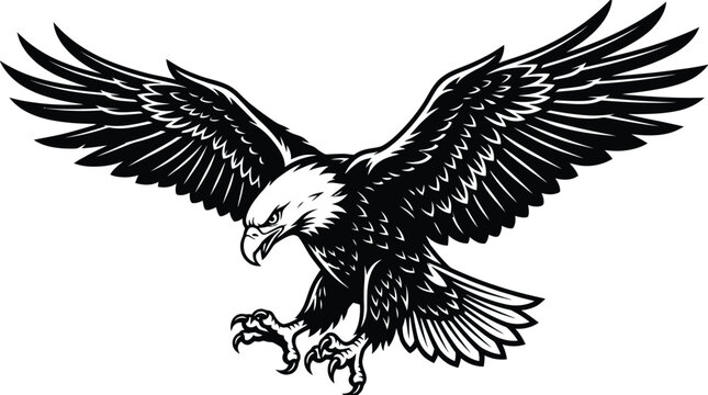 A detailed black and white illustration featuring a majestic bald eagle with wings spread wide