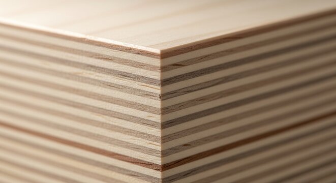 Close-up corner of thick multiplex plywood panel with distinct layers.