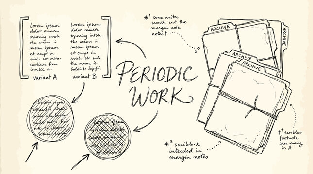 A sketch featuring text variants circular scribbles and stacked file folders labeled Archive on cream paper