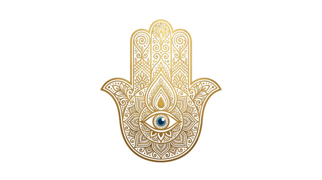 Intricate gold hamsa hand symbol featuring ornate filigree patterns and a central blue evil eye