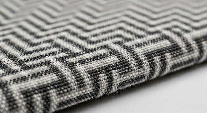 Close-up of woven fabric with black and white chevron pattern.