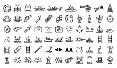Maritime Coast Guard and Sea Rescue Icon Set Featuring Life Vest, Inflatable Boats, Helicopter Evacuation, Lighthouse Towers, and Emergency First Aid Vector Illustrations © MdWajed