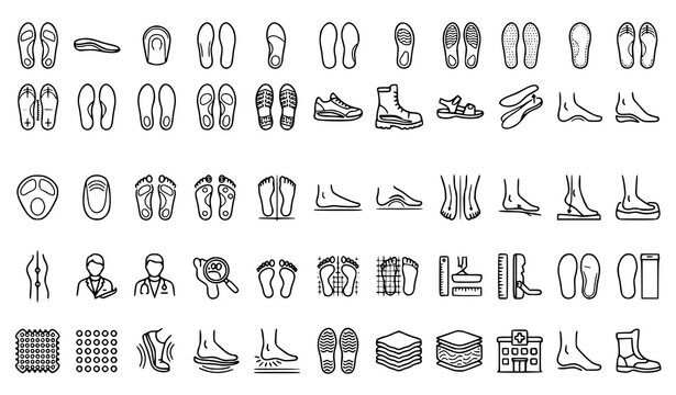 Orthopedic Shoe Insoles and Ergonomic Foot Arch Support Icon Set Featuring Podiatry Diagnostics, Sole Inserts, and Medical Foot Care Vector Illustrations for Wellness Apps