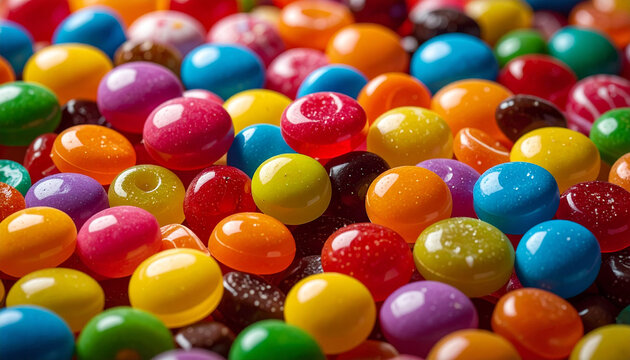 Close-up macro shot of colorful hard candies and jelly beans