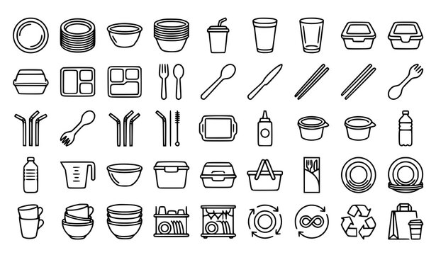 Takeaway Food Container and Reusable Tableware Icon Set Featuring Catering Plates, Bento Lunch Boxes, Plastic Cutlery, and Recycling Symbols Vector Illustrations for Catering Delivery Apps