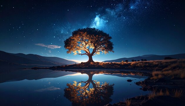 Luminous tree under starry night sky reflected in still water