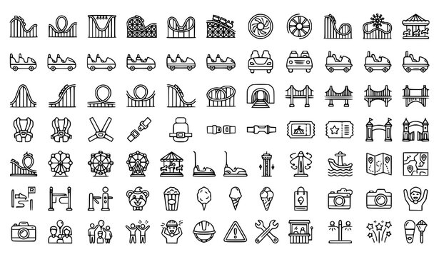 Roller Coaster and Theme Park Ride Icon Set Featuring Amusement Tracks, Safety Harnesses, Carnival Tickets, and Entertainment Attractions Vector Illustrations for Graphic Designs